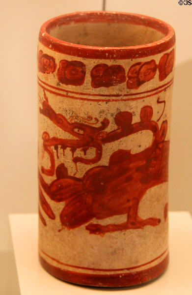 Mayan ceramic beaker with mythical dragon-like beast (600-900 CE) from Mesoamerica at Museum of America. Madrid, Spain.