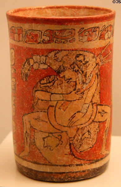 Mayan ceramic beaker with mythical scene (600-900 CE) from Mesoamerica at Museum of America. Madrid, Spain.