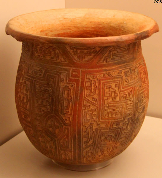 Ceramic funerary urn with incised design (400-1350) from Isla Marajó on River Amazon at Museum of America. Madrid, Spain.