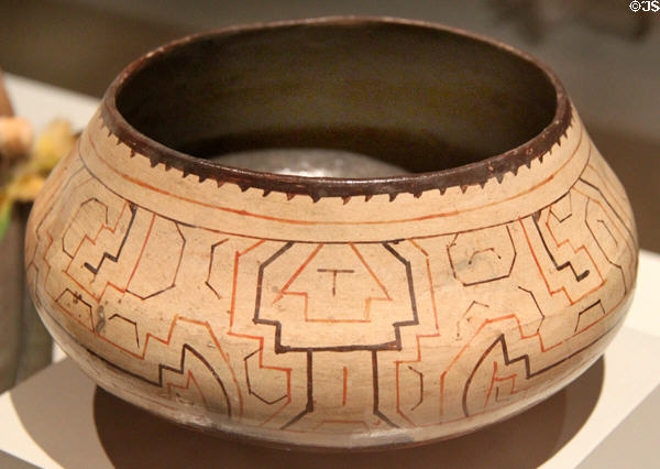 Shippibo culture ceramic bowl with geometric decoration (20thC) from Peruvian Amazon at Museum of America. Madrid, Spain.