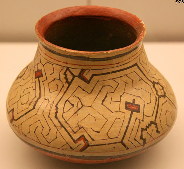 Shippibo culture ceramic vessel with geometric decoration (20thC) from Peruvian Amazon at Museum of America. Madrid, Spain.