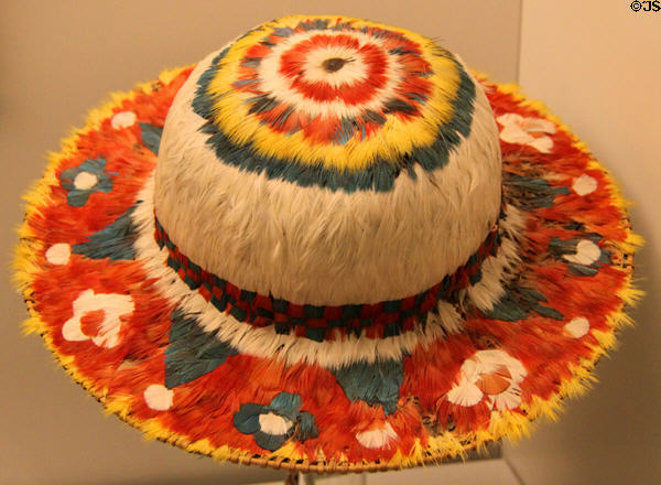 Cholones Indian sombrero with parrot feathers (18thC) from Pampahermosa, Peru at Museum of America. Madrid, Spain.