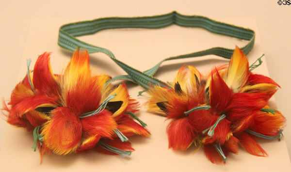 Jibaro culture hair ornament with parrot feathers (20thC) from Peruvian Amazon at Museum of America. Madrid, Spain.