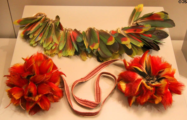 Aguaruna culture hair ornament with parrot feathers (20thC) from Peruvian Amazon at Museum of America. Madrid, Spain.