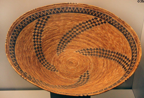 Chumash culture woven basket with spiral pattern (19thC) from California at Museum of America. Madrid, Spain.