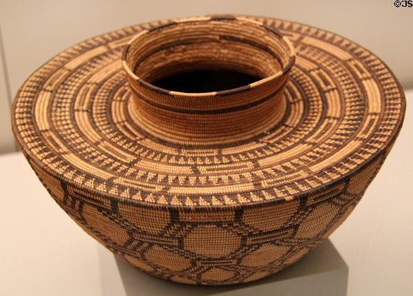 Chumash culture woven vessel with geometric pattern (19thC) from California at Museum of America. Madrid, Spain.