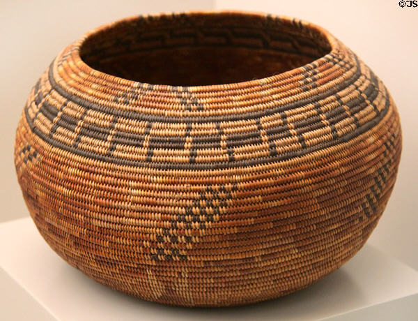 Chumash culture woven basket with geometric pattern (19thC) from California at Museum of America. Madrid, Spain.