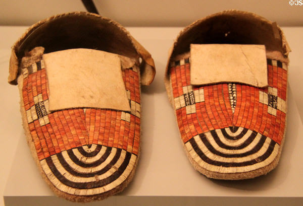 North of Praderas culture porcupine quill decorated moccasins (18thC) from North America at Museum of America. Madrid, Spain.