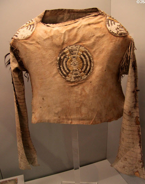 North of Praderas culture porcupine quill decorated leather shirt (18thC) from North America at Museum of America. Madrid, Spain.