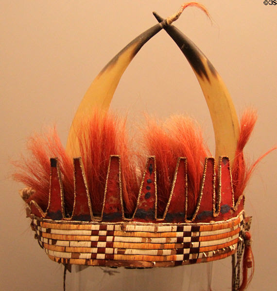 North of Praderas culture porcupine quill, horn & feather decorated headdress (18thC) from North America at Museum of America. Madrid, Spain.