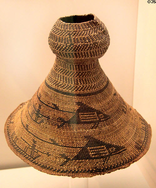 Nutka culture woven hat with whale hunting scene (18thC) from Northwest Coast America at Museum of America. Madrid, Spain.