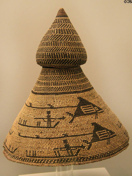 Nutka culture woven hat with whale hunting scene (18thC) from Northwest Coast America at Museum of America. Madrid, Spain.