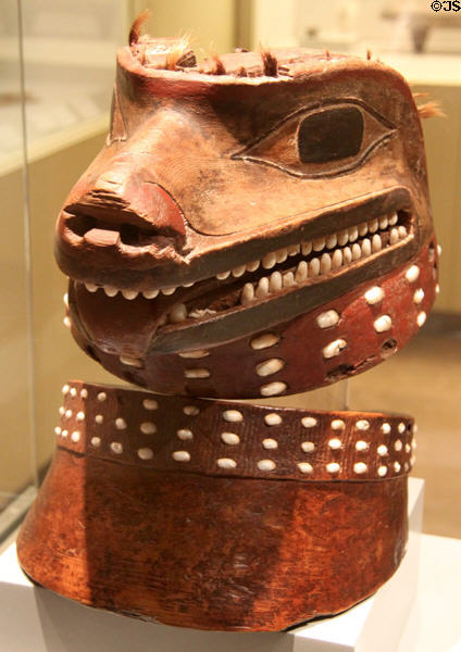 Tlingit culture carved wooden seal head helmet & collar (18thC) from Northwest Coast America at Museum of America. Madrid, Spain.