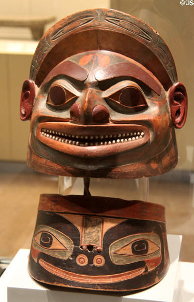 Tlingit culture carved wooden symbolic human head helmet & collar (18thC) from Northwest Coast America at Museum of America. Madrid, Spain.