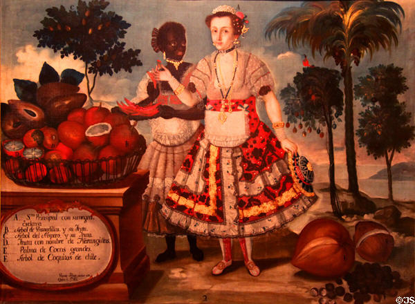 Main lady with her black slave framed by local fruits & trees (1783) by Vincente Albán from Quito, Ecuador at Museum of America. Madrid, Spain.