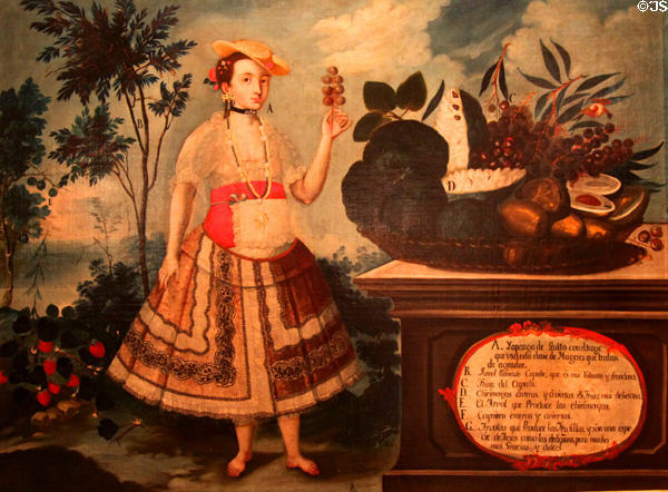 Prostitute with flanked by still life of local fruits (1783) by Vincente Albán from Quito, Ecuador at Museum of America. Madrid, Spain.