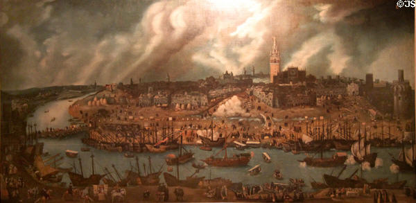 Painting of Seville, Spain, center of commerce for the New World (end of 16thC) attrib. Sánchez Coello at Museum of America. Madrid, Spain.