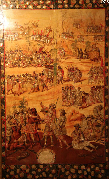 Conquest of Mexico from Spanish viewpoint painting with mother of pearl (one of series) (last third 17thC) from Mexico at Museum of America. Madrid, Spain.