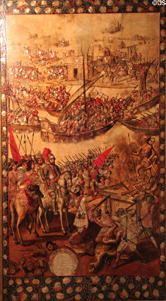 Conquest of Mexico from Spanish viewpoint painting with mother of pearl (one of series) (last third 17thC) from Mexico at Museum of America. Madrid, Spain.