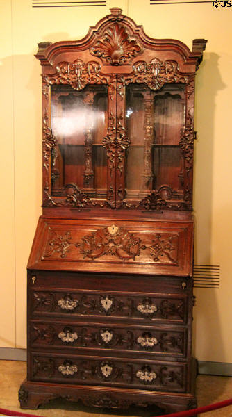 Carved dropfront desk with bookcase from Spain at Museum of America. Madrid, Spain.