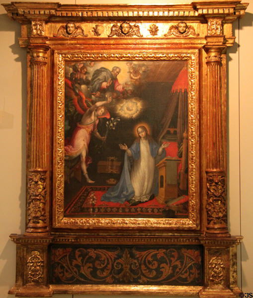 Annunciation painting (early 17thC) by Alonso López de Herrera from Mexico at Museum of America. Madrid, Spain.