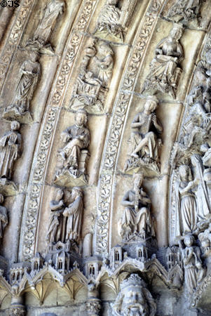 Saints & musical hosts carved on portal of Cathedral Santa Maria. Leon, Spain.