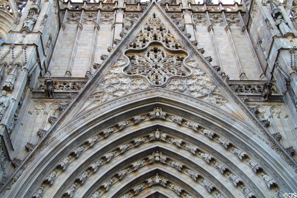 Gothic facade of Cathedral of Holy Cross & Saint Eulalia. Barcelona, Spain.