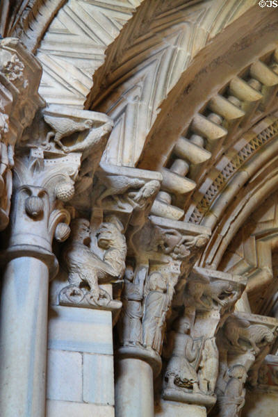 Carvings on Gothic columns at Barcelona Cathedral. Barcelona, Spain.