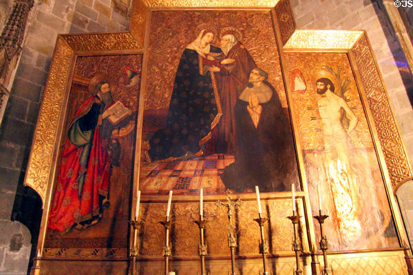 Visitation altarpiece (1466-75) with Evangelist St Luke & St Sebastian at Barcelona Cathedral. Barcelona, Spain.