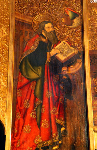 Evangelist St Luke panel of Visitation altarpiece (1466-75) at Barcelona Cathedral. Barcelona, Spain.