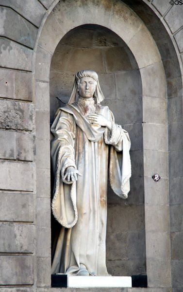 Joan Fiveller (15th C Barcelona freeman & Council member) statue (1847) by Josep Bover in niche at front of Barcelona City Hall. Barcelona, Spain.