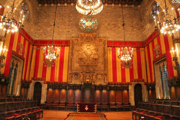 Great Hall (Saló de Cent) details at Barcelona City Hall. Barcelona, Spain.