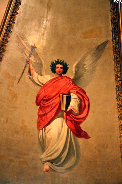 Angel of light & knowledge ceiling painting detail in Queen Regent's room at Barcelona City Hall. Barcelona, Spain.