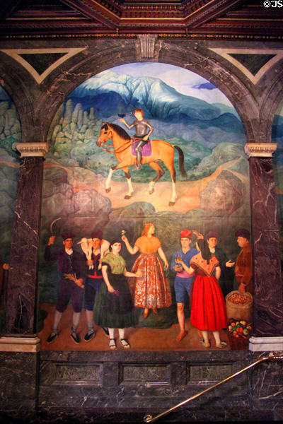 Mural with Catalan scene at Barcelona City Hall. Barcelona, Spain.