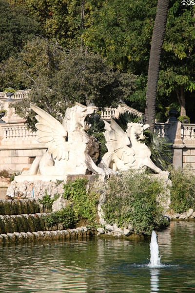 Pair of winged beasts on Cascade fountain (1881) in Ciutadella Park. Barcelona, Spain.