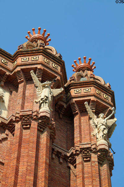 Herald angels on Barcelona's Arc de Triomphe. Barcelona, Spain.