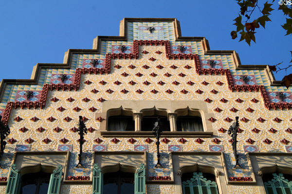 Tile & stucco detail of crown of Casa Amatller. Barcelona, Spain.