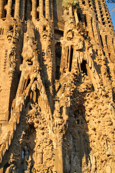 Nativity Facade under Apostle towers at Sagrada Familia. Barcelona, Spain.