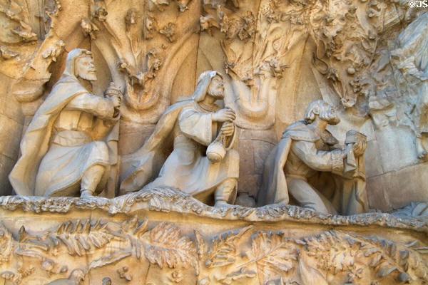 Adoration of Three Kings (magi) on Nativity Facade at Sagrada Familia. Barcelona, Spain.