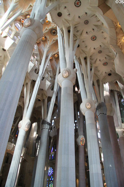 Columns of Spanish cities in Sagrada Familia. Barcelona, Spain.