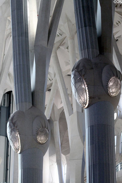 Lights in columns in Sagrada Familia. Barcelona, Spain.