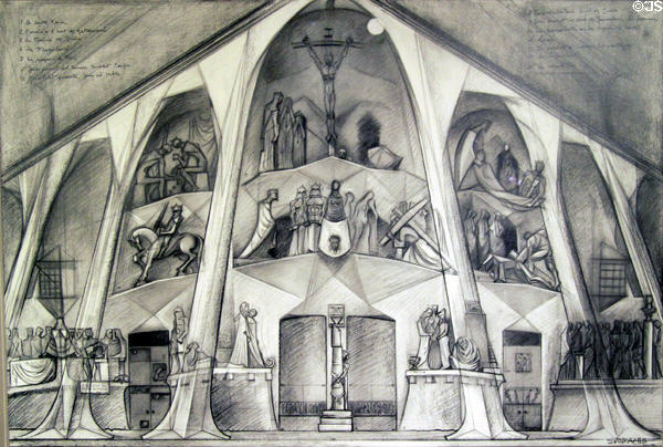 Sketch of the sculptures of the Passion Facade by Josep Maria Subirachs (1987) at Sagrada Familia. Barcelona, Spain.