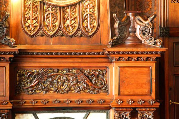 Fireplace carving details in dining room at Palau Güell. Barcelona, Spain.