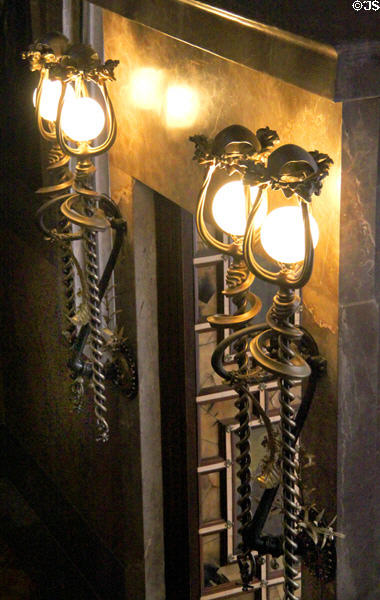 Ironwork lamps in central hall at Palau Güell. Barcelona, Spain.