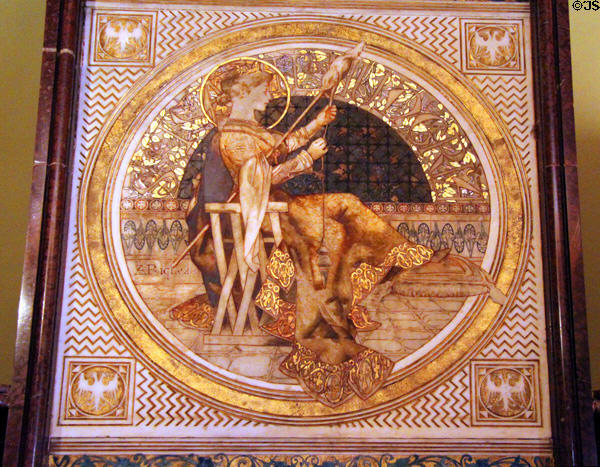 Inlaid work (c1880s) of woman spinning by Alexandre Riquer at Palau Güell. Barcelona, Spain.