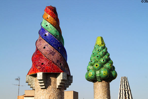 Gaudi's spiral chimney's atop Palau Güell. Barcelona, Spain.