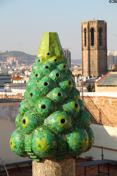 Gaudi's mosaic grape-like chimney atop Palau Güell. Barcelona, Spain.