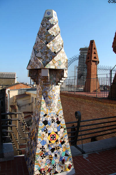 Tile & brick chimneys atop Palau Güell. Barcelona, Spain.
