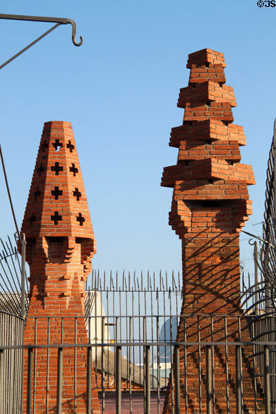 Brick chimneys atop Palau Güell. Barcelona, Spain.