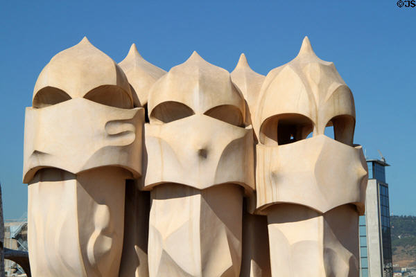 Chimneys like space aliens atop Casa Milà. Barcelona, Spain.